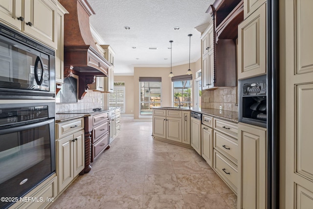 kitchen with cream cabinets, crown molding, a peninsula, wall oven, and tasteful backsplash