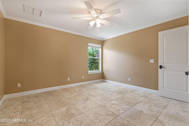 empty room featuring visible vents, ornamental molding, a textured ceiling, and ceiling fan