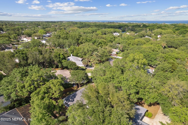 birds eye view of property featuring a wooded view