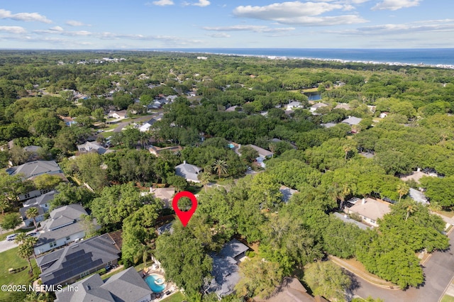 birds eye view of property featuring a water view and a forest view