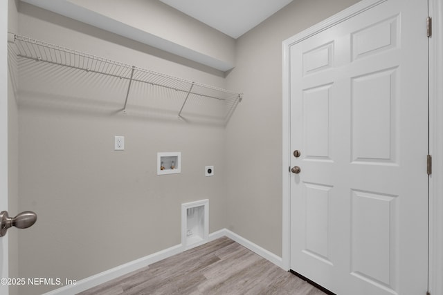 laundry room with washer hookup, hookup for an electric dryer, laundry area, baseboards, and light wood-style flooring