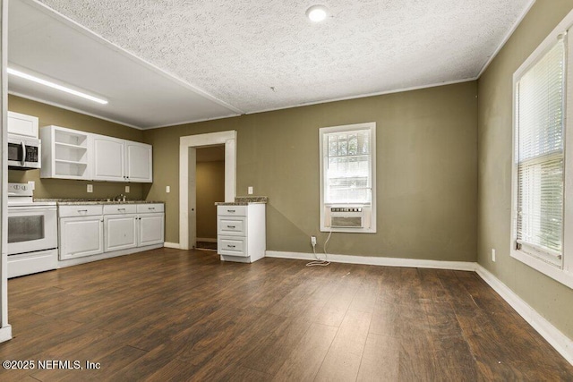 kitchen with dark wood-style floors, open shelves, white electric stove, and white cabinetry