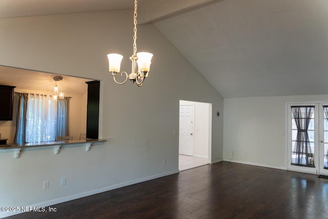 interior space with high vaulted ceiling, baseboards, dark wood-style floors, and a notable chandelier