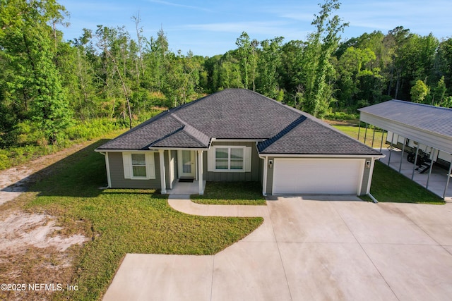 view of front of property featuring board and batten siding, a garage, concrete driveway, and a front lawn