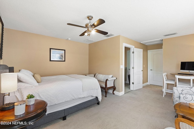 bedroom with baseboards, ceiling fan, light carpet, and visible vents