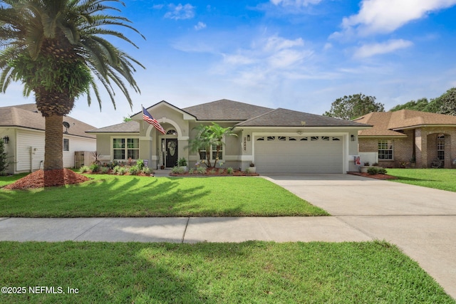 view of front of home featuring a garage, stucco siding, concrete driveway, and a front lawn