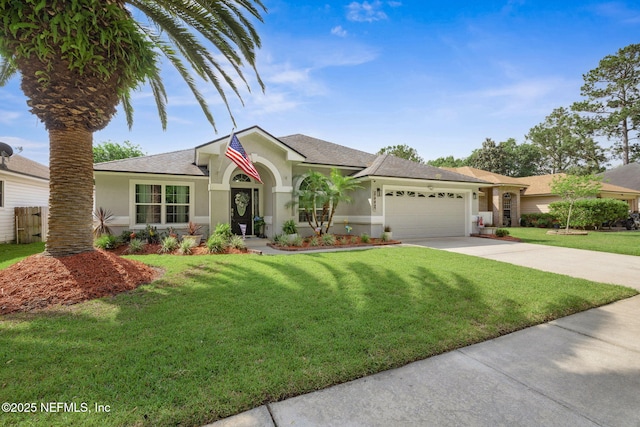 ranch-style house featuring a garage, stucco siding, concrete driveway, and a front lawn