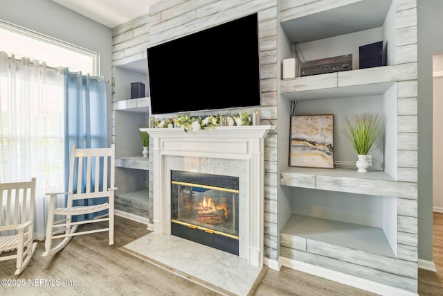 living room with a fireplace and wood finished floors
