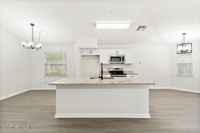 11598 Lazy Willow Ln, Jacksonville, FL 32223 - kitchen featuring appliances with stainless steel finishes, a chandelier, a sink, wood finished floors, and a textured ceiling