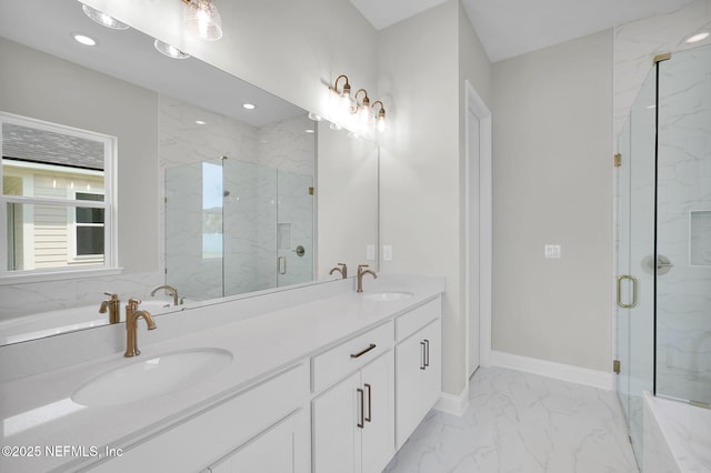 440 Slash Pine Pl, Yulee, FL 32097 - full bath with marble finish floors, a marble finish shower, double vanity, baseboards, and recessed lighting
