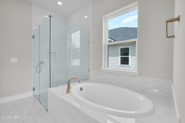 440 Slash Pine Pl, Yulee, FL 32097 - bathroom featuring marble finish floors, a marble finish shower, a garden tub, baseboards, and recessed lighting