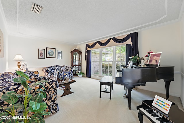 7805 Hunters Grove Rd, Jacksonville, FL 32256 - living room with visible vents, a textured ceiling, carpet, and ornamental molding