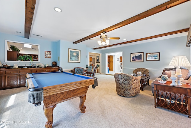 7805 Hunters Grove Rd, Jacksonville, FL 32256 - recreation room with beamed ceiling, ceiling fan, light colored carpet, recessed lighting, and billiards