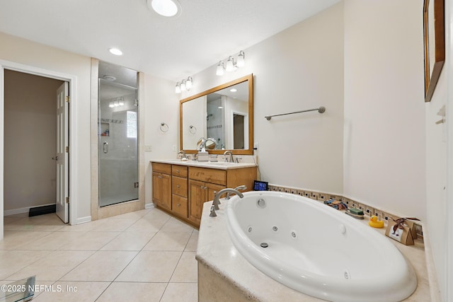 7805 Hunters Grove Rd, Jacksonville, FL 32256 - bathroom featuring a sink, tile patterned flooring, double vanity, a whirlpool tub, and a shower stall