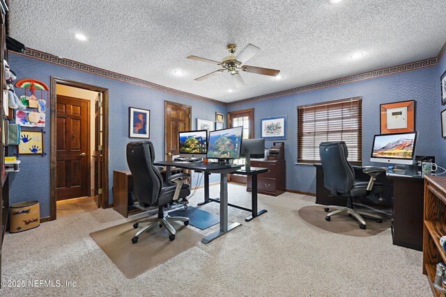 7805 Hunters Grove Rd, Jacksonville, FL 32256 - office space with carpet floors, a ceiling fan, a textured ceiling, and ornamental molding
