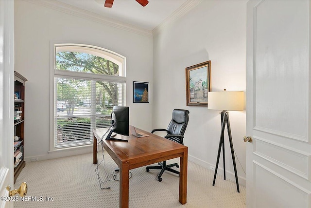 408 Osprey Lookout Ct Unit 29, Ponte Vedra Beach, FL 32082 - office with a ceiling fan, ornamental molding, baseboards, and light colored carpet