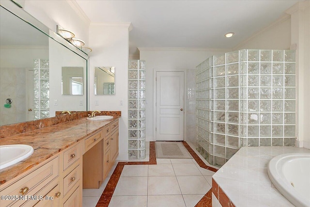 408 Osprey Lookout Ct Unit 29, Ponte Vedra Beach, FL 32082 - full bath featuring crown molding, double vanity, tile patterned flooring, inlaid floor details, and a bath