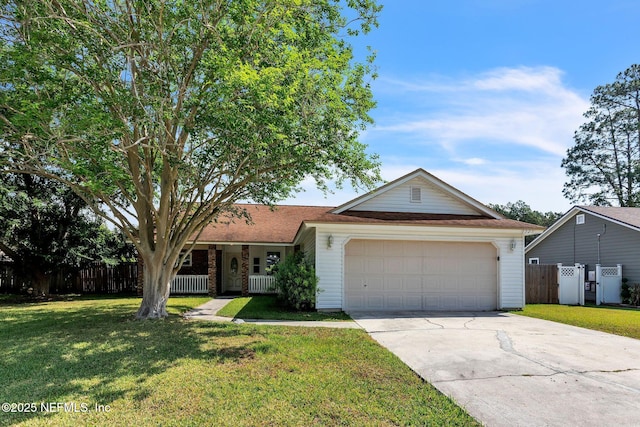 ranch-style house with a front lawn, driveway, a garage, and fence