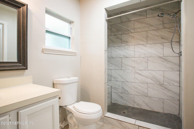 bathroom with toilet, vanity, and a shower stall