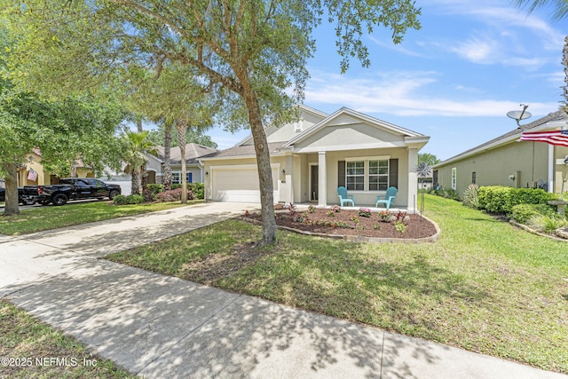 ranch-style home featuring an attached garage, a front yard, stucco siding, concrete driveway, and a porch