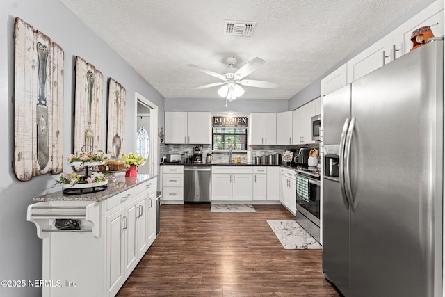 127 Old Jennings Rd, Orange Park, FL 32065 - kitchen with ceiling fan, a textured ceiling, stainless steel appliances, visible vents, and dark wood-style floors