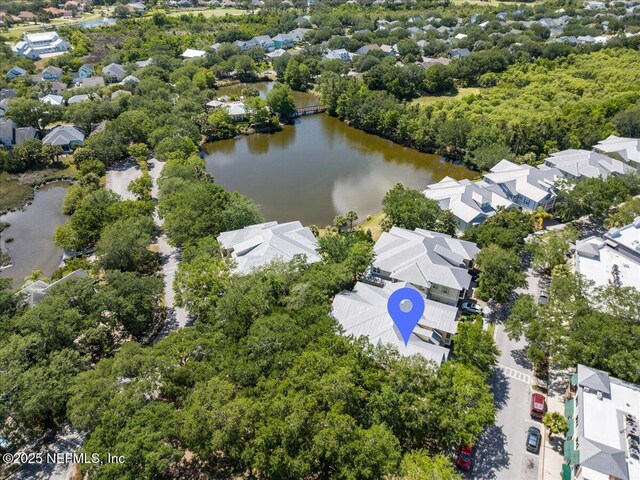aerial view featuring a water view and a residential view