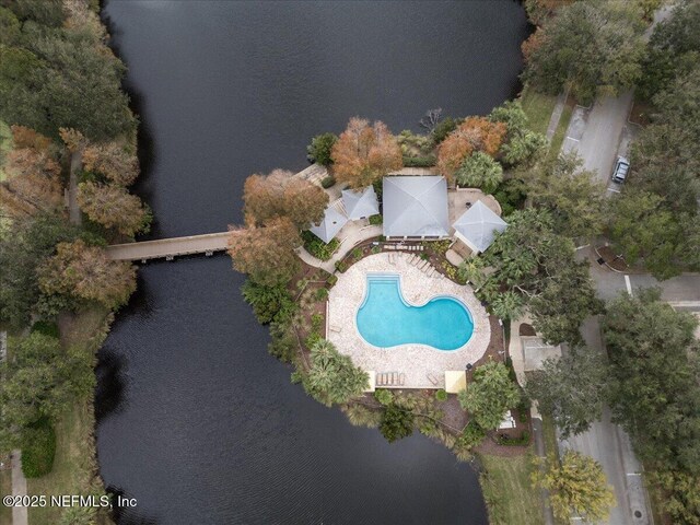 aerial view featuring a water view