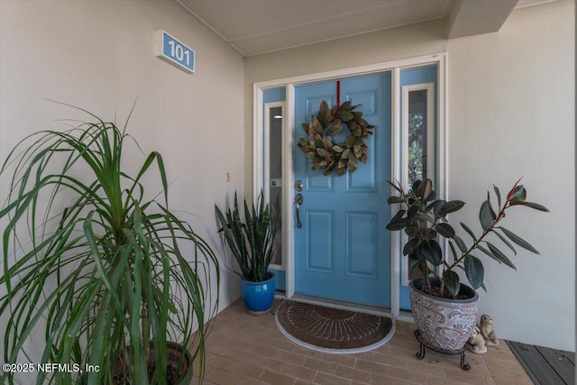 view of exterior entry featuring stucco siding