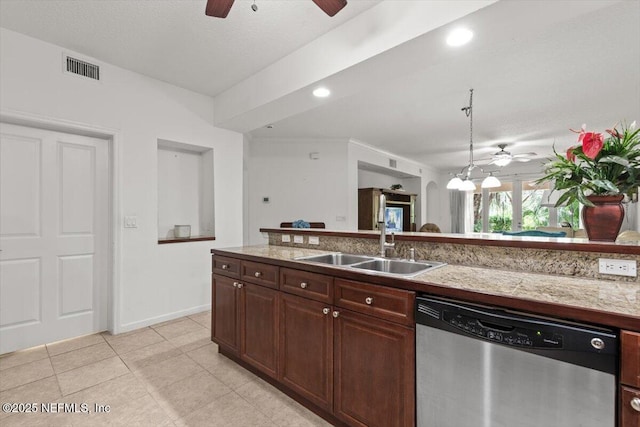 kitchen with ceiling fan, dishwasher, a sink, light countertops, and light tile patterned floors
