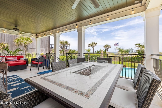 view of patio / terrace featuring an outdoor living space, ceiling fan, an outdoor pool, and outdoor dining space