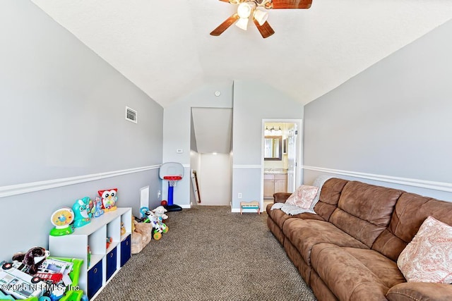 45103 Amhurst Oaks Dr, Callahan, FL 32011 - recreation room featuring ceiling fan, carpet floors, lofted ceiling, and baseboards
