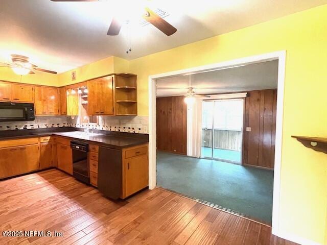 kitchen featuring black appliances, a ceiling fan, dark countertops, and open shelves
