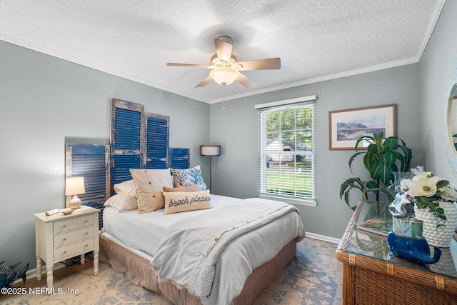 1421 Kipling Ln, Ponte Vedra, FL 32081 - bedroom with baseboards, ornamental molding, a ceiling fan, and a textured ceiling