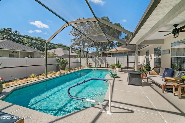 1421 Kipling Ln, Ponte Vedra, FL 32081 - view of swimming pool with a ceiling fan, a patio area, and a fenced backyard