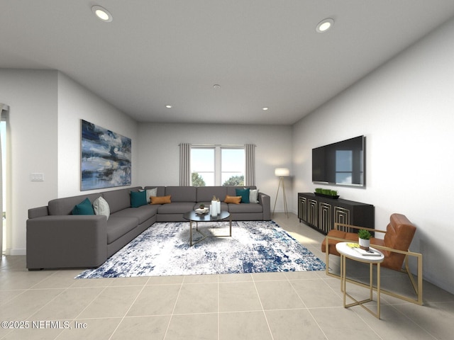 living area with recessed lighting, baseboards, and tile patterned floors
