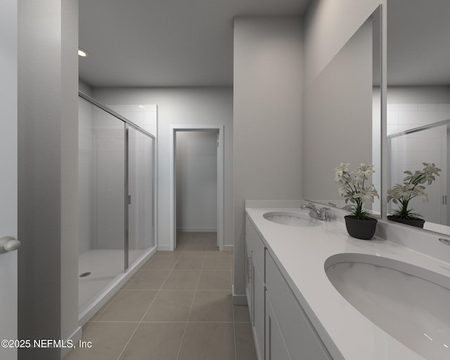 bathroom featuring double vanity, tile patterned floors, a shower stall, and a sink