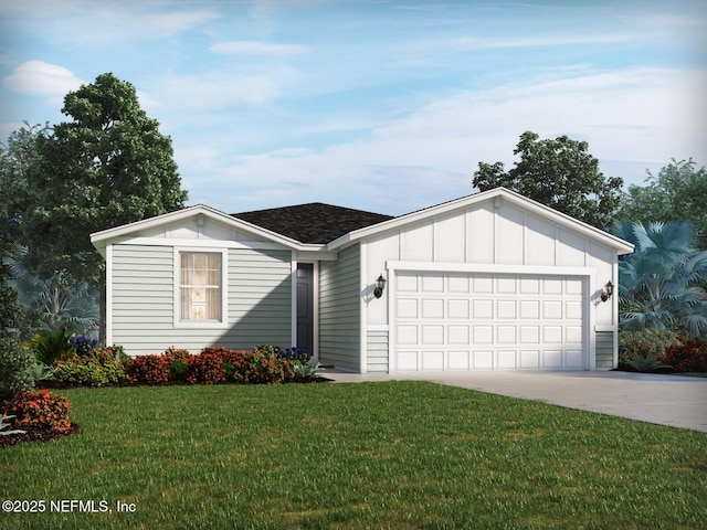 ranch-style house with a garage, board and batten siding, concrete driveway, and a front lawn