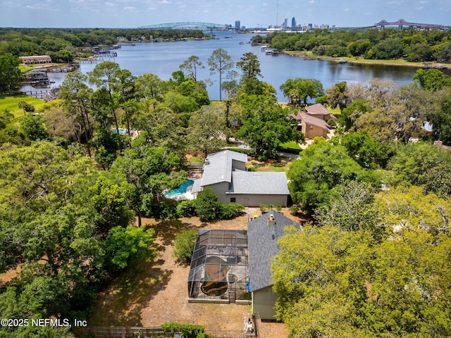 bird's eye view featuring a water view