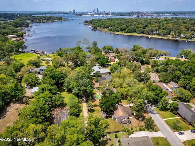 birds eye view of property featuring a water view