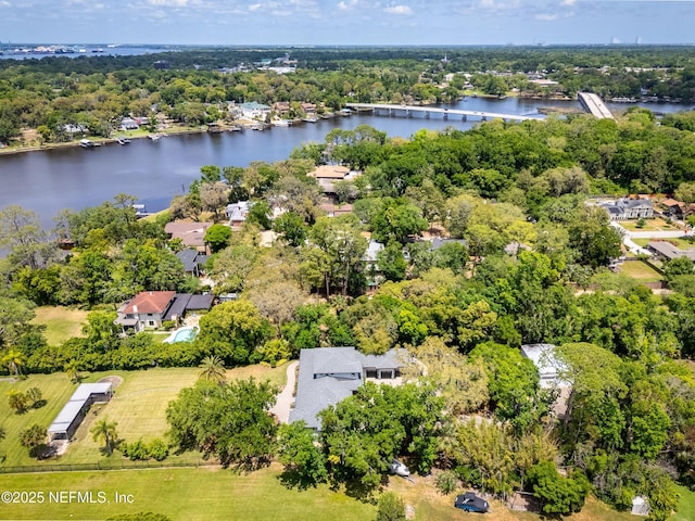 aerial view featuring a water view and a residential view