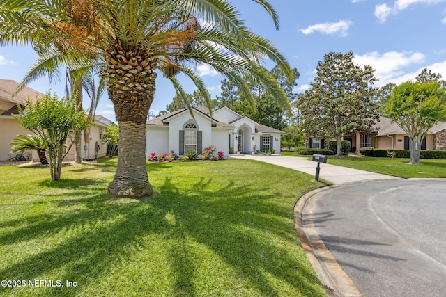 single story home featuring a front lawn, stucco siding, and driveway