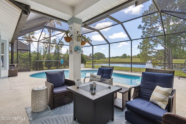 view of patio / terrace featuring a water view, an outdoor living space, a lanai, and an outdoor pool