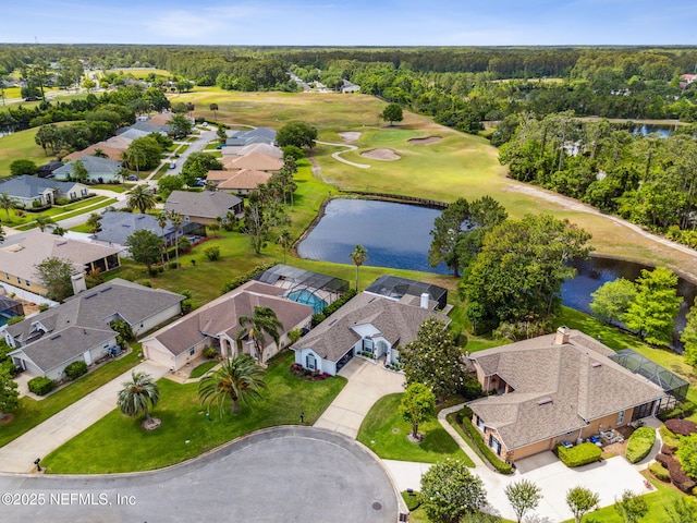 bird's eye view with a water view, a residential view, and golf course view