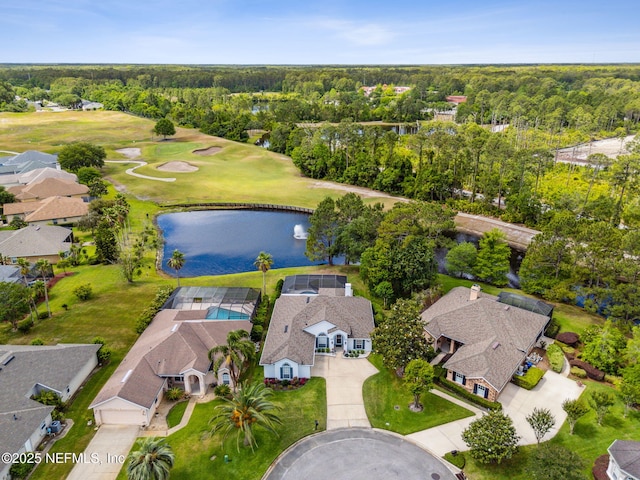 birds eye view of property featuring a water view, a residential view, a forest view, and golf course view