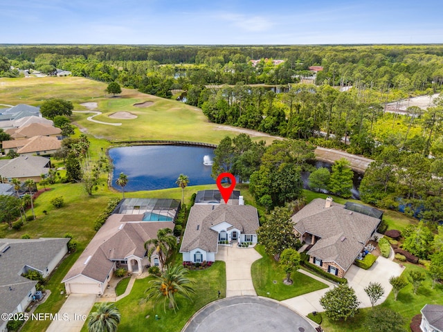 birds eye view of property with a residential view, view of golf course, and a water view