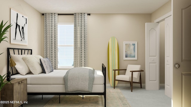 bedroom with light colored carpet