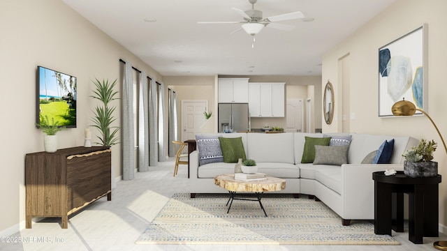 living room featuring baseboards and ceiling fan