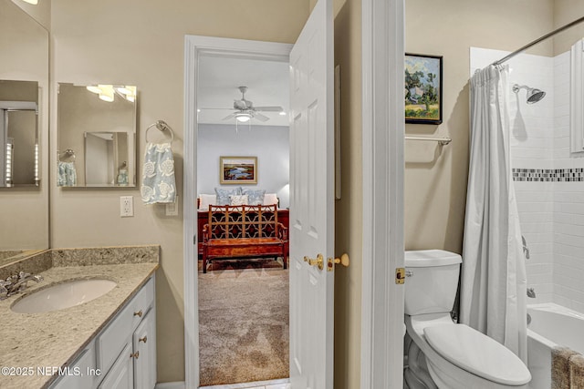 3277 Sequoyah Cir, Saint Johns, FL 32259 - ensuite bathroom with ceiling fan, vanity, toilet, shower / bath combination with curtain, and ensuite bathroom