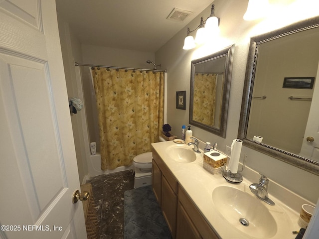 full bathroom featuring a sink, toilet, double vanity, and visible vents