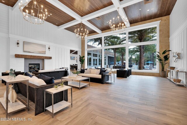 208 Curved Bay Trl, Ponte Vedra, FL 32081 - living area featuring a high ceiling, a chandelier, and wooden ceiling